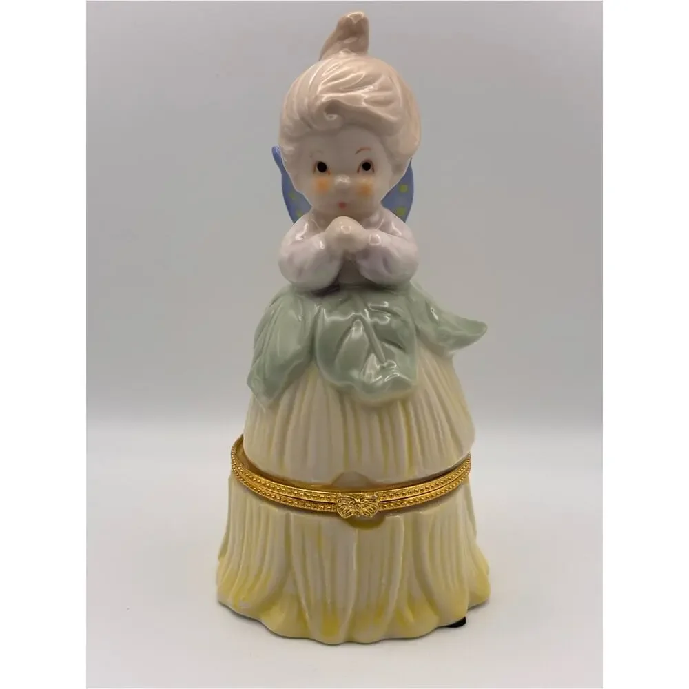 Vintage Porcelain Pixie or Fairy Hinged Trinket Box in Petal-Shaped Dress